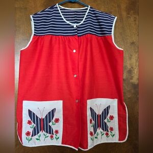 Vintage 60-70s Cobbler Apron Smock Vest. Grandma Red, Blue, White Butterflies